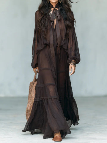 Dark Brown Belted Chiffon Blouse Paired With A Ruffled Skirt Two-piece Set