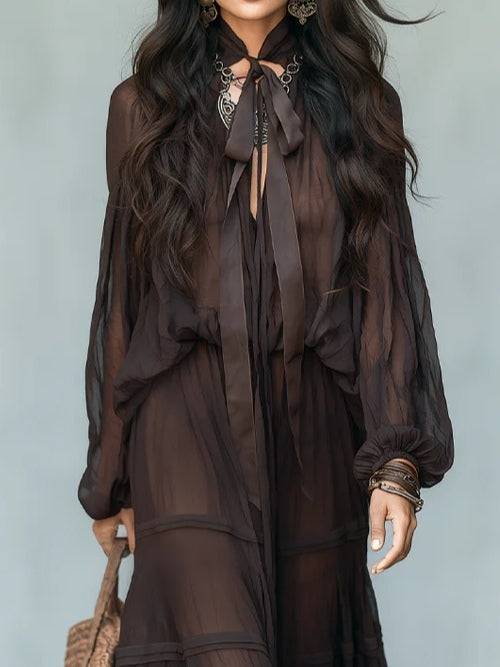 Dark Brown Belted Chiffon Blouse Paired With A Ruffled Skirt Two-piece Set