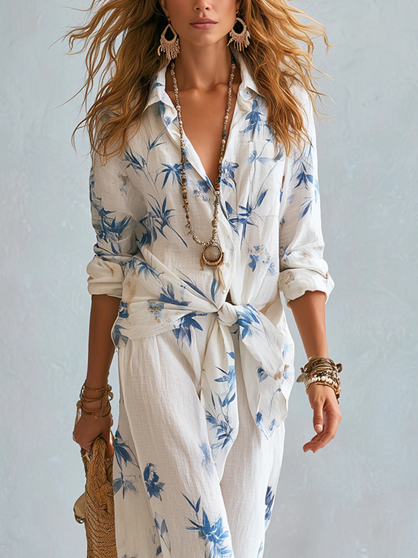 Blue Bamboo Leaf Floral Shirt Paired With Wide-leg Pants Suit
