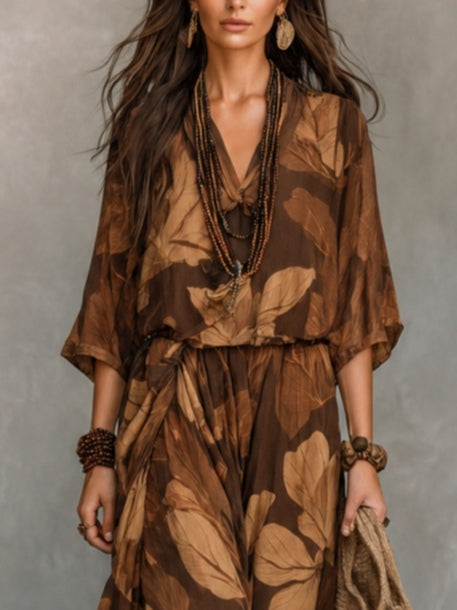 Leaf And Plant Print V-neck Top Paired With A Flowy Skirt Set