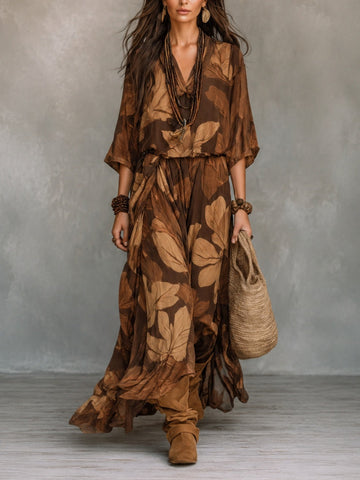 Leaf And Plant Print V-neck Top Paired With A Flowy Skirt Set