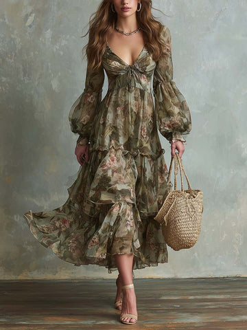 Vintage Green Floral Chiffon Lantern Sleeve Layered Midi Dress