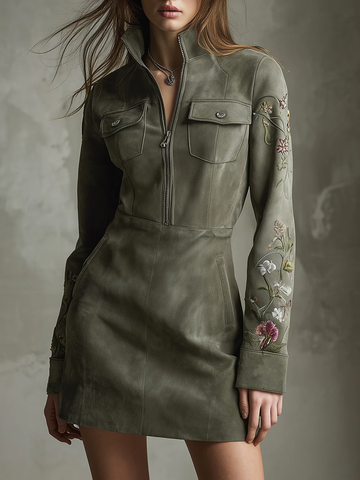 Green Embroidered Faux Suede Half-zip Mini Dress