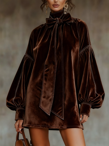 Dark Brown Velvet Bow Lantern Sleeve Mini Dress