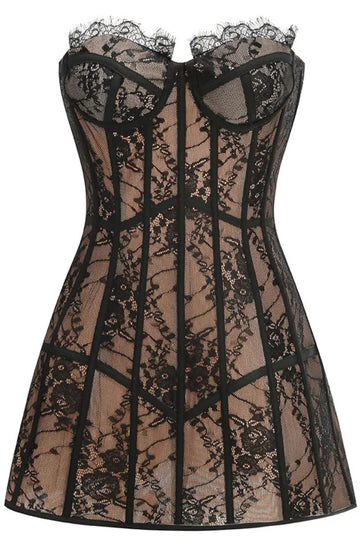 Strapless Lace Bustier A Line Dress Black