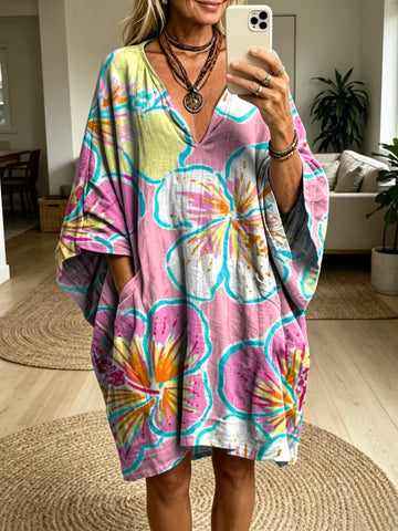 Women's Retro Colorful Petal Art Print Casual Fashion Batwing Sleeve Dress