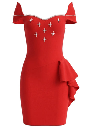 Crystal Bardot Ruffle Detail Dress Red