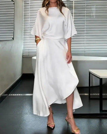 White Satin Cowl Neck Midi Dress With Pockets