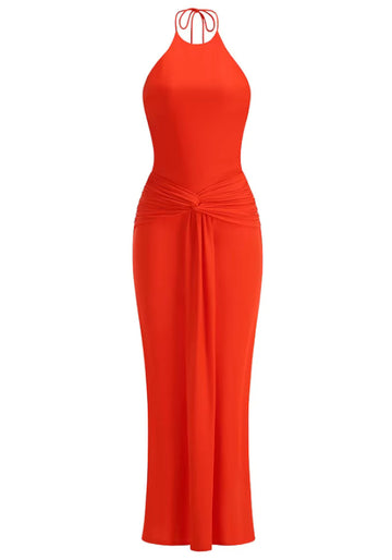 Halter Backless Draped Maxi Dress Coral Red
