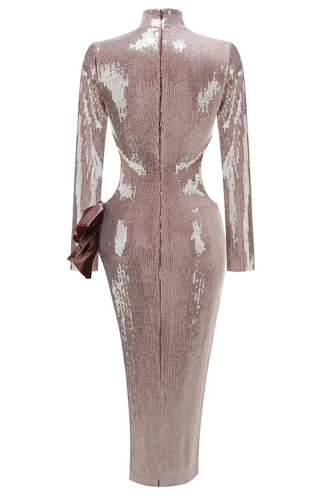 Long Sleeve Bow Detail Sequin Maxi Dress Brown