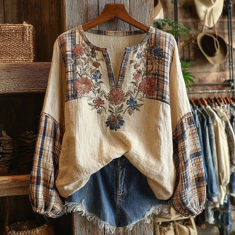 Retro Boho Floral With Plaid Patchwork Pattern Women's Top