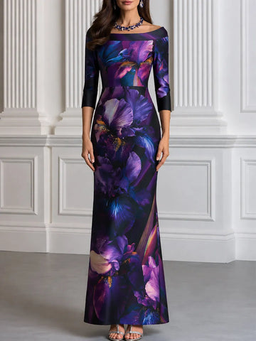 Purple Iris Printed Mermaid Maxi Evening Dress