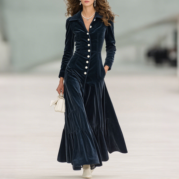 Lapel Multi-button Double-pocket Velvet Maxi Dress