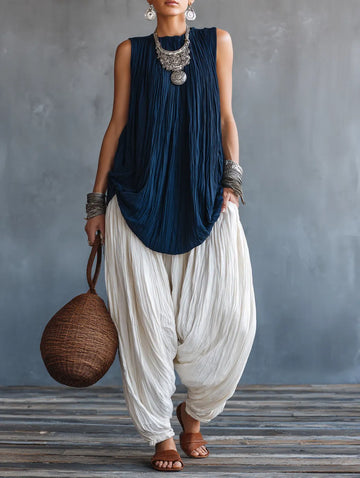Sleeveless Pleated Top And Lantern Pants Loose Casual Two-Piece Set