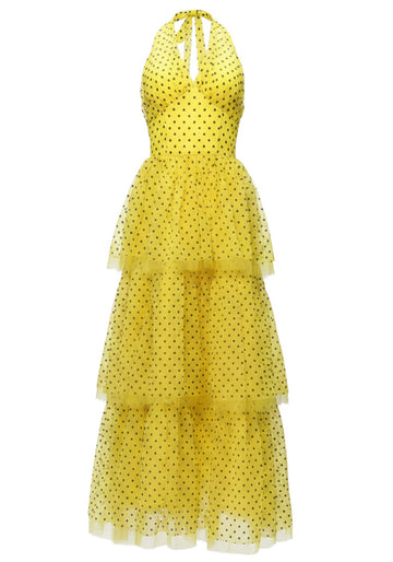 Halter Polka Dot Ruffle Maxi Dress Yellow