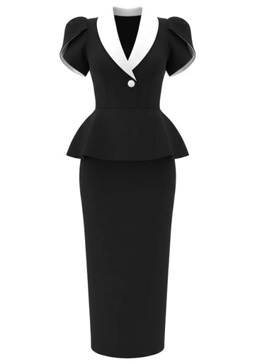 Short Sleeve Peplum Midi Dress Black White