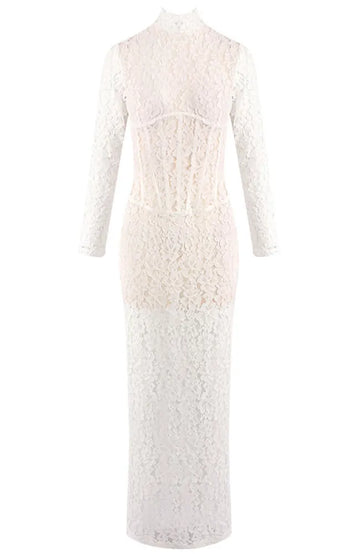 Long Sleeve Structured Lace Maxi Dress White