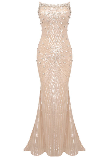 Strapless Crystal Sequined Maxi Dress Nude