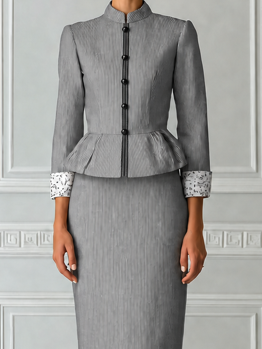Grey Pinstripe Stand Collar Single Breasted Peplum Tailored Jacket & Pencil Skirt Two-Piece Suit Set