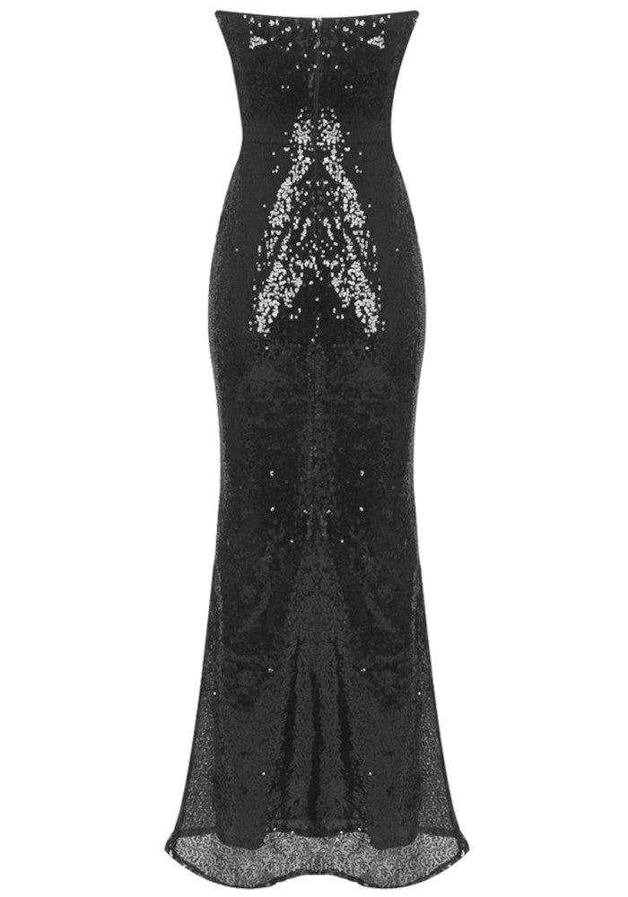 Strapless Lace Sequin Maxi Dress Black