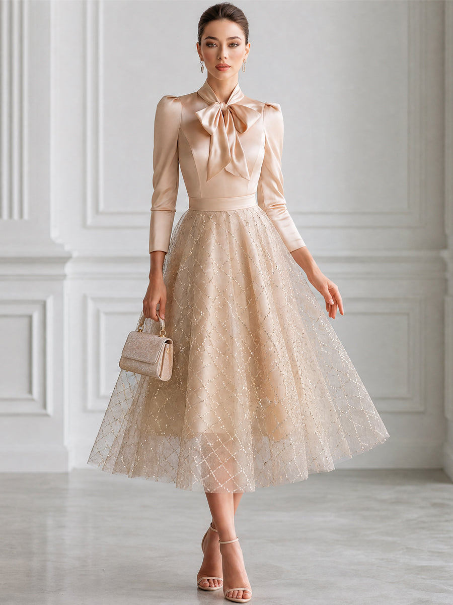 Elegant Bow-Neck Sequin Tulle A-Line Midi Dress