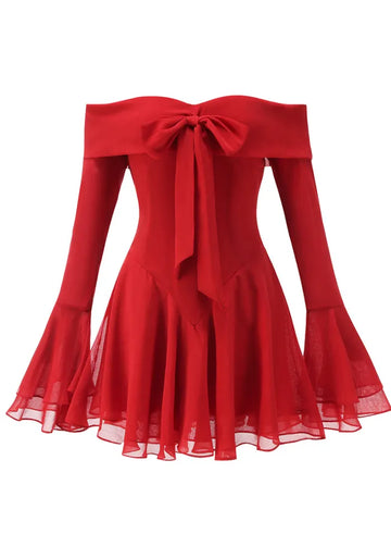 Long Sleeve Bardot A Line Dress Red