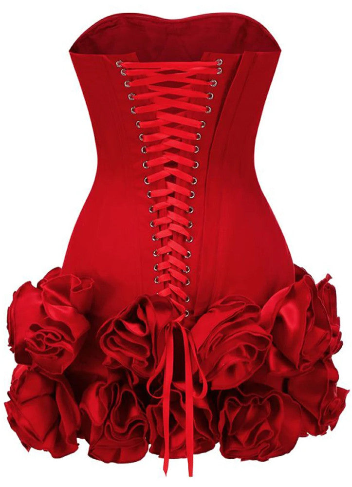 Strapless Corset Floral Ruffle Dress Red