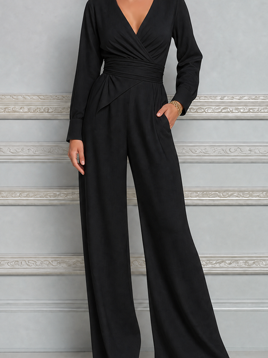 Black Fall Fashion Wrap V-Neck Wide Leg Jumpsuit