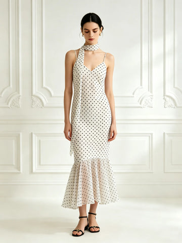 Women's Halter Neck Polka Dot Mermaid Dress with Asymmetric Hem