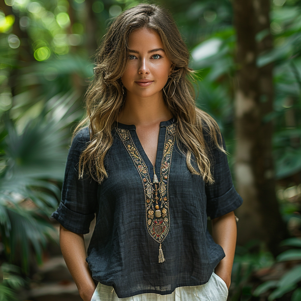 Retro Loose Comfortable And Breathable Ethnic Style Linen V-neck Short-sleeved Top