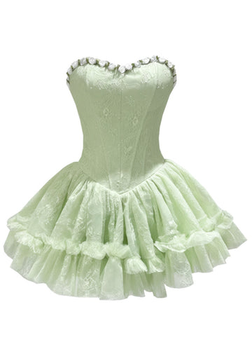 Strapless Floral Skater Dress Green