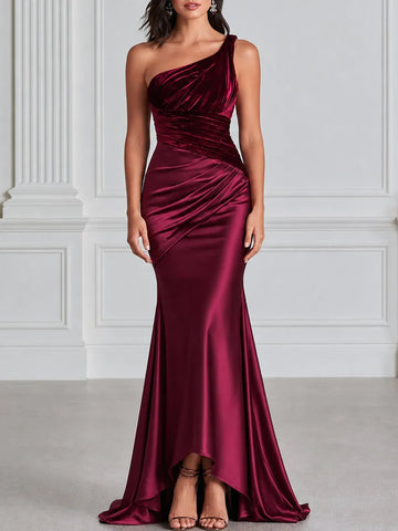 One Shoulder Velvet & Satin Ruched Maxi Evening Gown