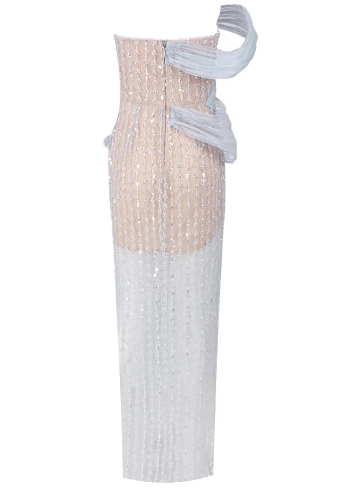 Strapless Crystal Floral Maxi Dress Silver Nude