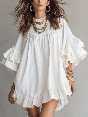 Soft Ivory Ruffled Sleeve Mini Dress