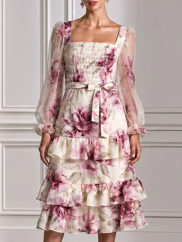 Floral Smocked Sheer Puff Sleeves & Ruffle Hem Midi Dress