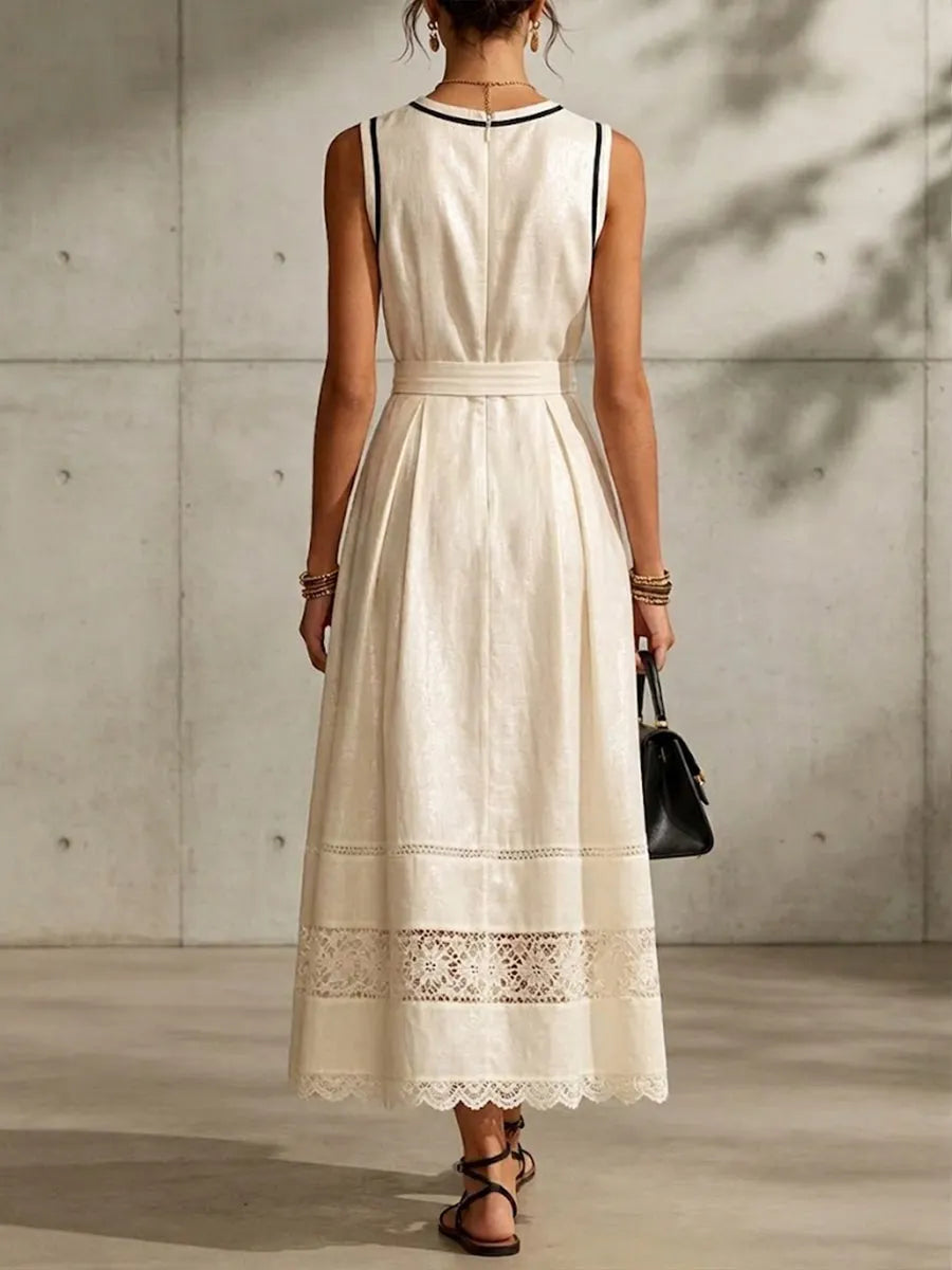 Elegant Sleeveless Linen And Cotton Dress With Lace Splicing