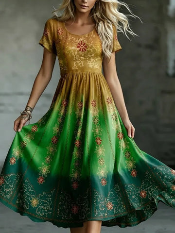 Women's Retro Floral Gradient Pattern Casual Round Neck Dress
