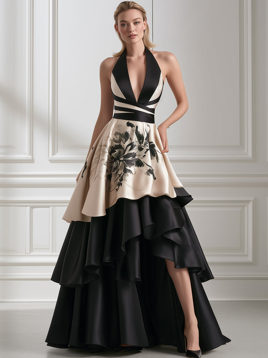 Floral Contrast Halter Tiered Satin Evening Gown