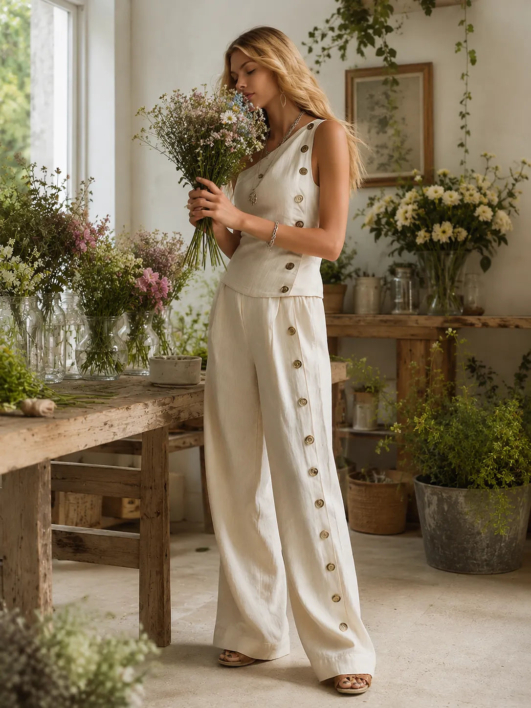 Urban Minimalist Off-White One-Shoulder Button-Detail Top & Wide-Leg Linen Trousers Set