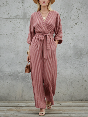 Women's Casual Dusty Pink And White Linen-Cotton Striped V-Neck Waisted Wide-Leg Jumpsuit MDZ2146D4GMJ