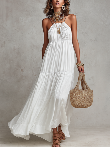 French Resort Style Halter Neck White Maxi Dress