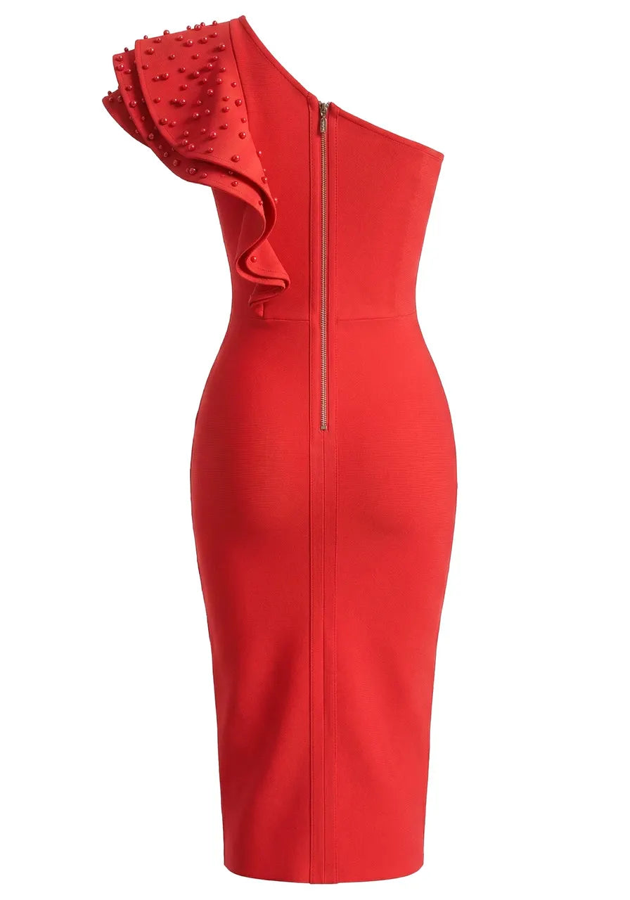 Embellished Ruffle One Shoulder Midi Dress Red