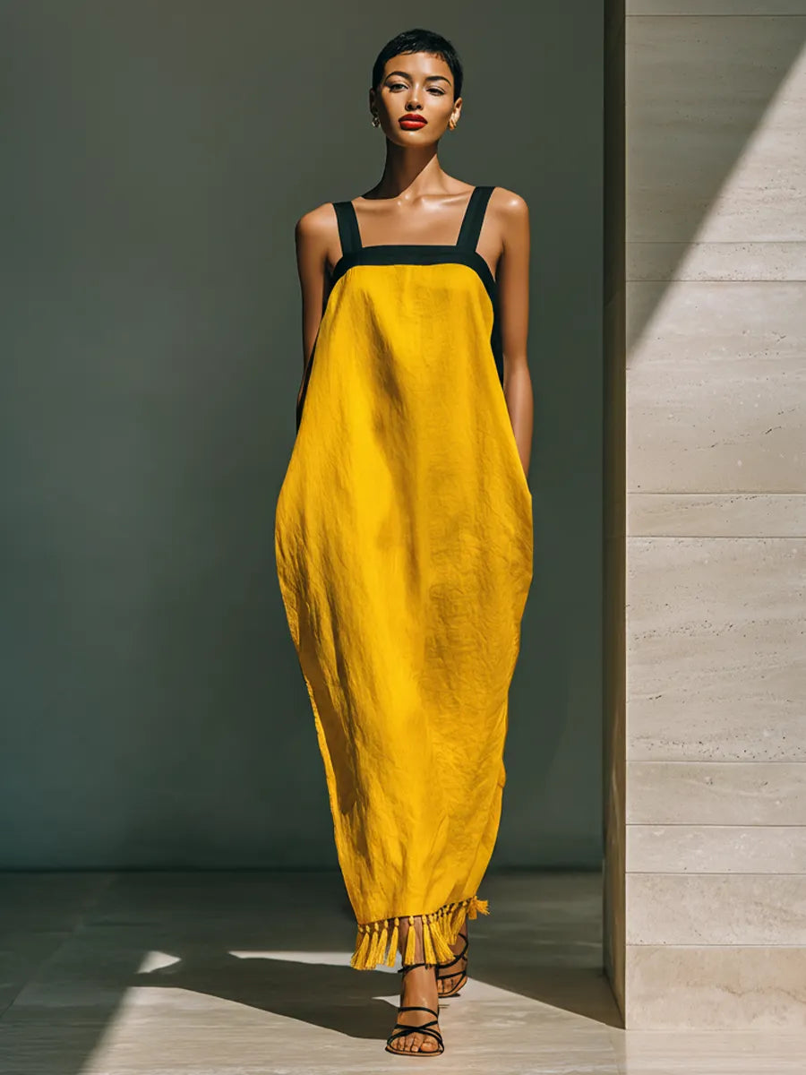 Women’s Yellow Linen-Blend Contrast Strap Tassel Hem Maxi Dress With Pockets MDZ1741D2T