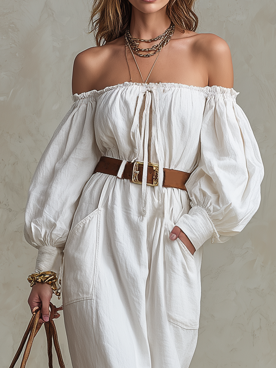Elegant Off-The-Shoulder Linen Midi Dress