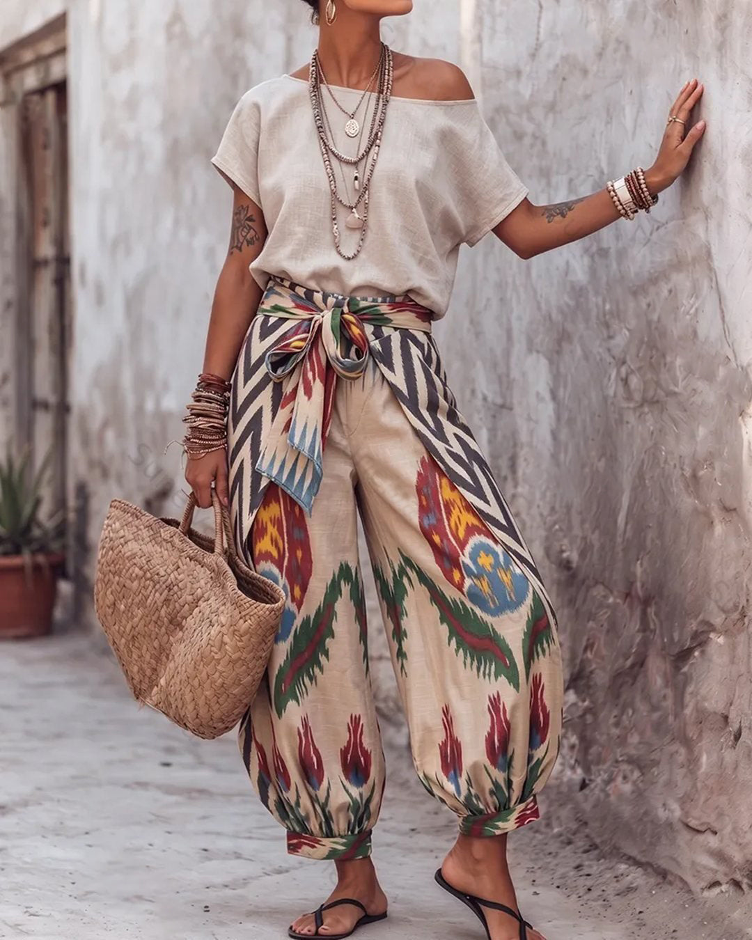 Bohemian Off-the-shoulder Top And Ethnic Lantern Pants Set