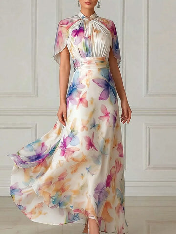 Elegant Watercolor Floral Cape Sleeve Maxi Dress