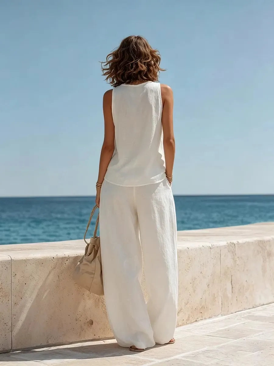White Sleeveless Top Wide Leg Pants Matching Set