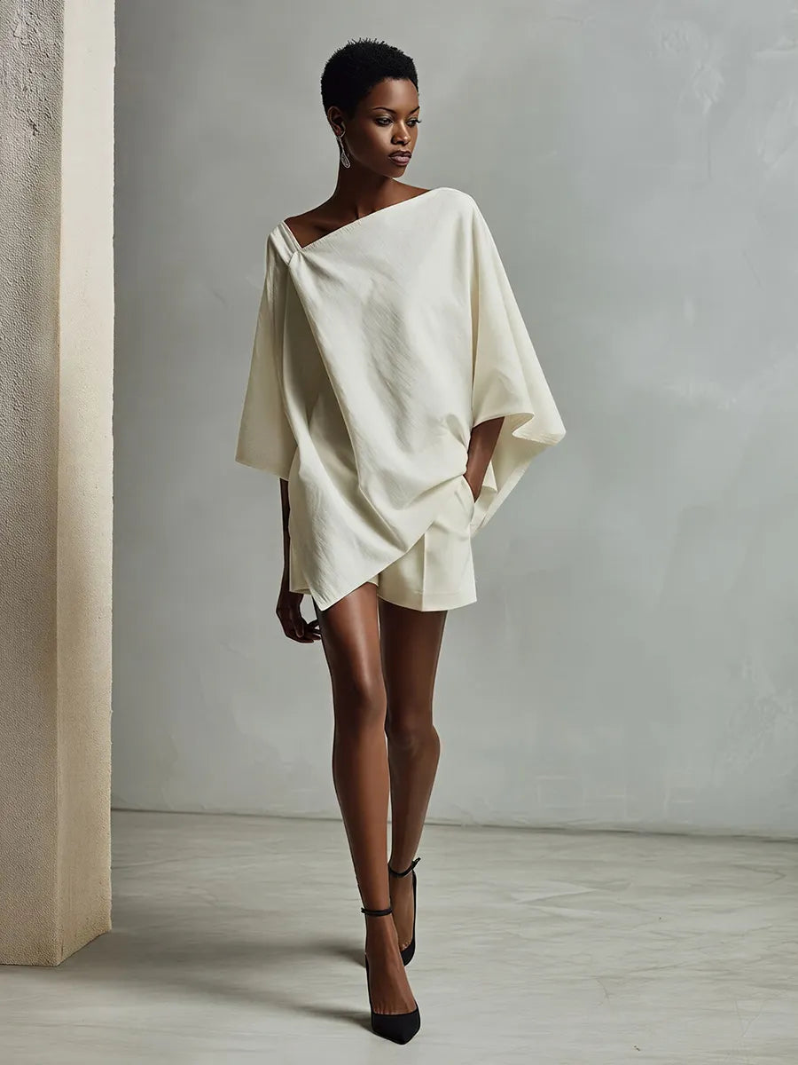 Women's Ivory Linen-Blend Two-Piece Set With Draped Tunic Top & Tailored Shorts, Modern Effortless-Elegant Outfit MDZ2236D5LYL