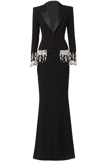 Long Sleeve Crystal Maxi Coat Dress Black