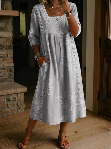 Women's Folk Printed Square Neck Hollow Cotton Pocket Dress